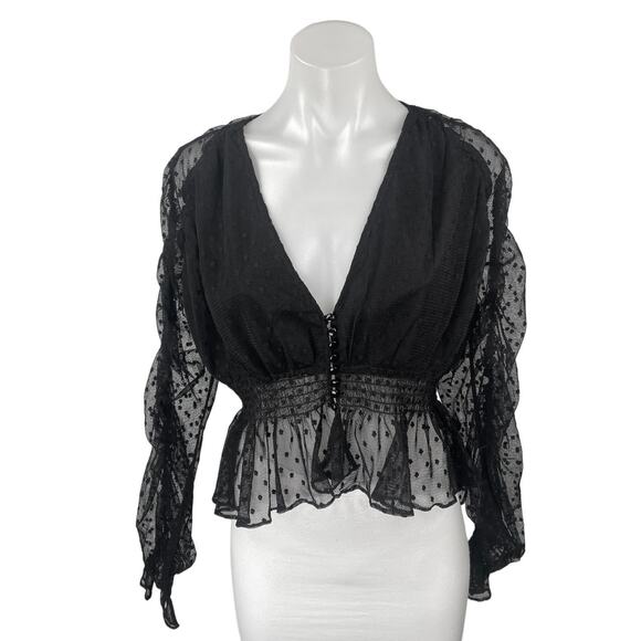 Dance & Marvel Black Long Sleeve Ruched Mesh Sheer Polka Dot Peplum Blouse Top S - Picture 1 of 3